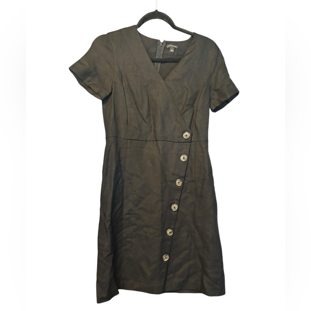 Ann Taylor Linen Black Short Sleeve Button Front Asymmetrical Dress Size 2